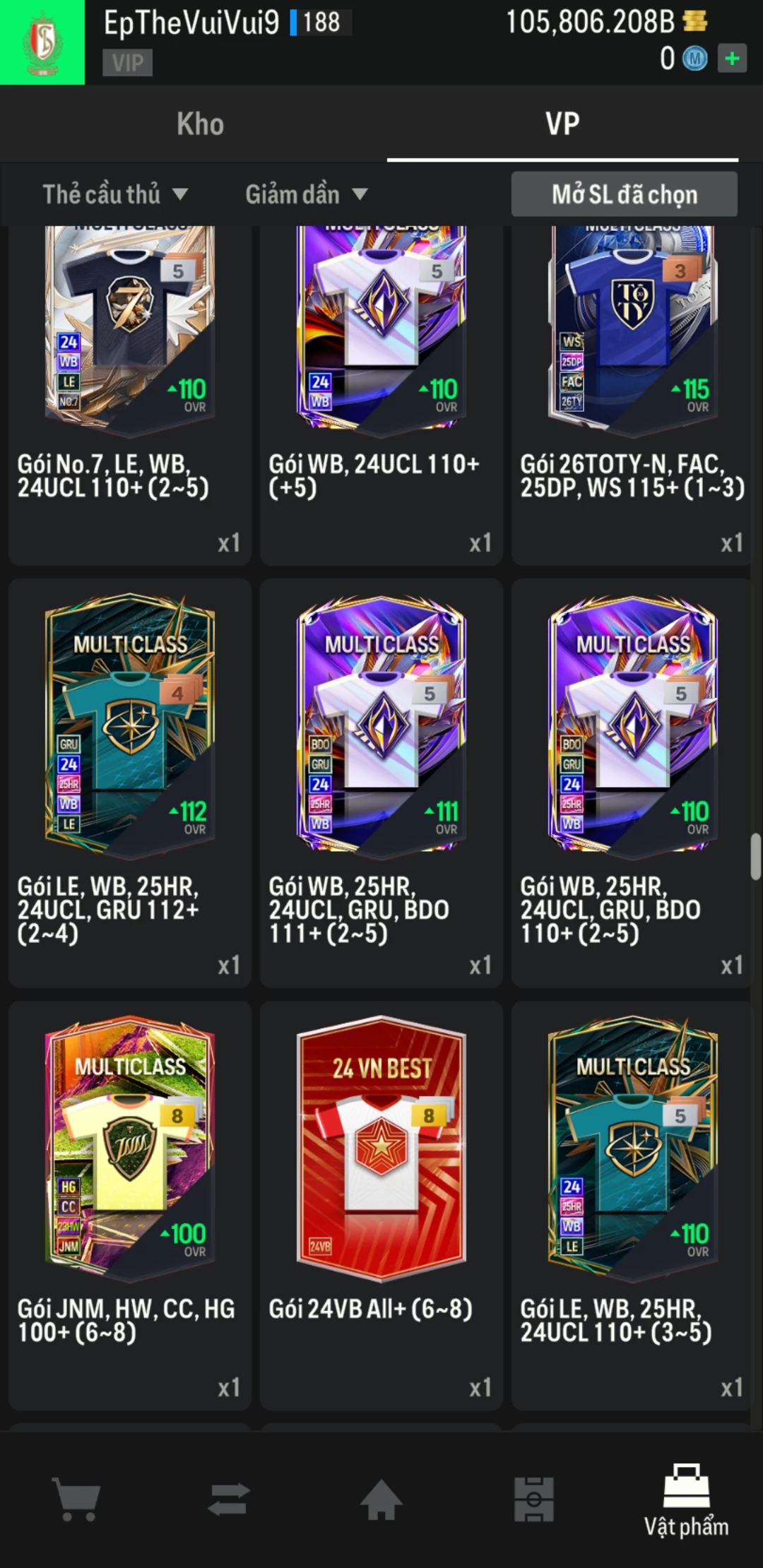 Ảnh ACC mở thẻ (LOẠI SVIP PROMAX) bao gồm có 01 thẻ +12, 03 thẻ PRIME (QH+, CP+, XS+) và hơn 1500+ đến 1600+ thẻ cầu thủ từ Siêu sao đến Miền núi các loại. Acc có sẵn BP trắng từ 90.000 tỷ BP đến 110.000 tỷ BP kèm theo nhiều ngày SVIP